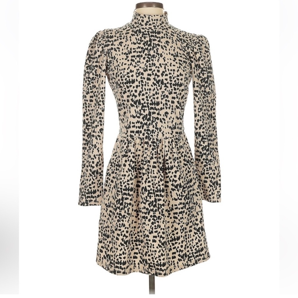 LA VIE Rebecca Taylor Black and Cream Animal Print Long Sleeve Dress, Size Large